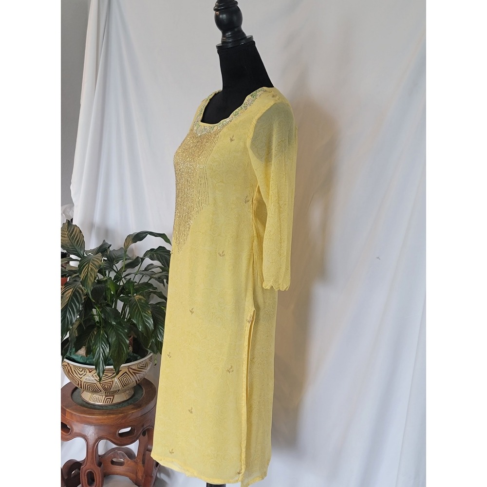 Jay Vardhan Yellow Embroidered Sequin Kurti Tunic Top Paisley Damask XL 42 - Picture 2 of 8